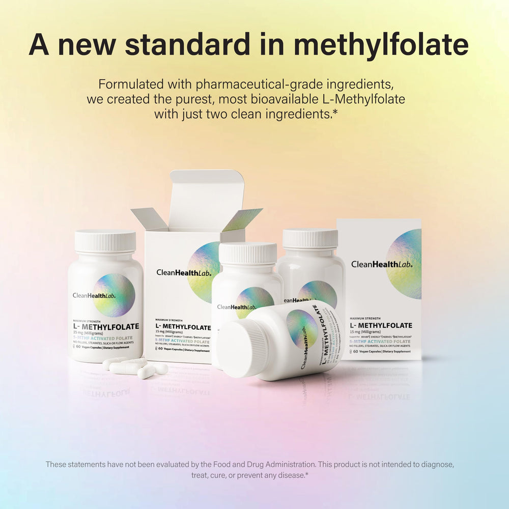 CleanHealthLab L-Methylfolate capsules on white background for daily methylation support.