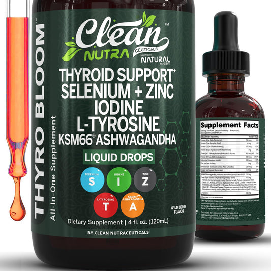 Clean Nutra thyroid-support-drops bottle on countertop with dropper for precise dosing.