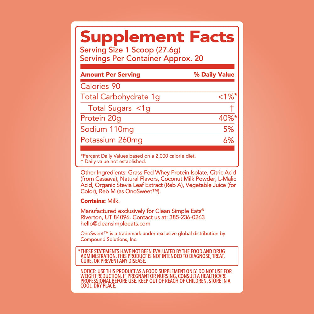 Clean Simple Eats Clear Protein Powder jar highlights grass-fed whey isolate for quick, lean protein boosts.