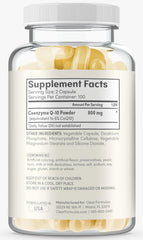 Clear Formulas CoQ10 label closeup showing 800 mg per serving