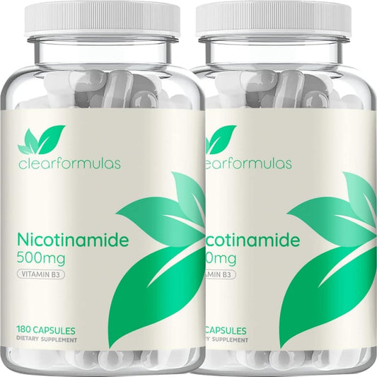 Clear Formulas Vitamin B3 Nicotinamide bottle front showing 360 servings for daily use.