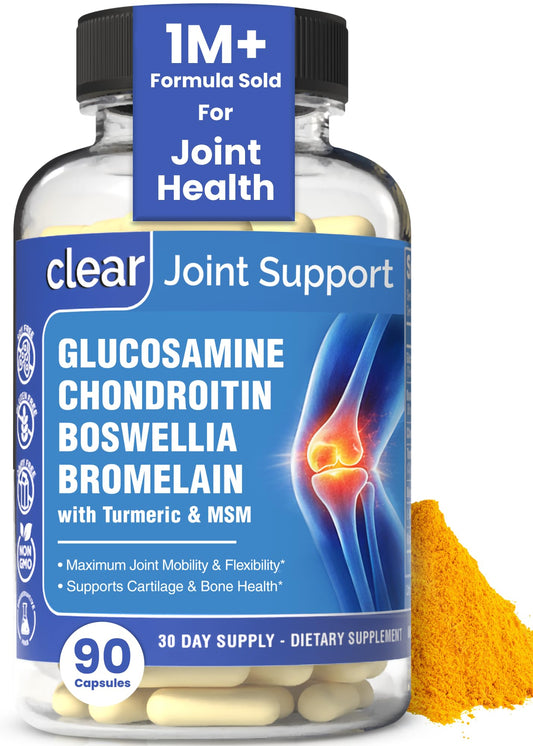 Clear Joint bottle cap shows convenient daily capsules for knee and hip support.