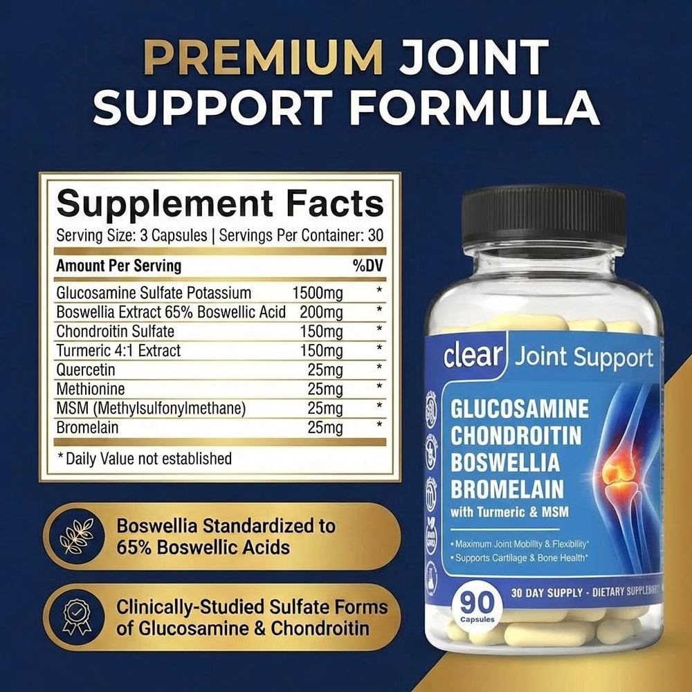 Clear Joint bottle label highlights 8-in-1 formula for overall joint comfort.