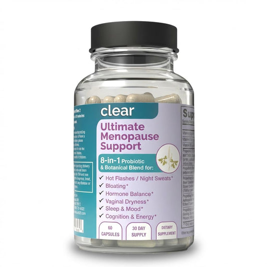 Clear Probiotics menopause bottle with capsules for daily balance.