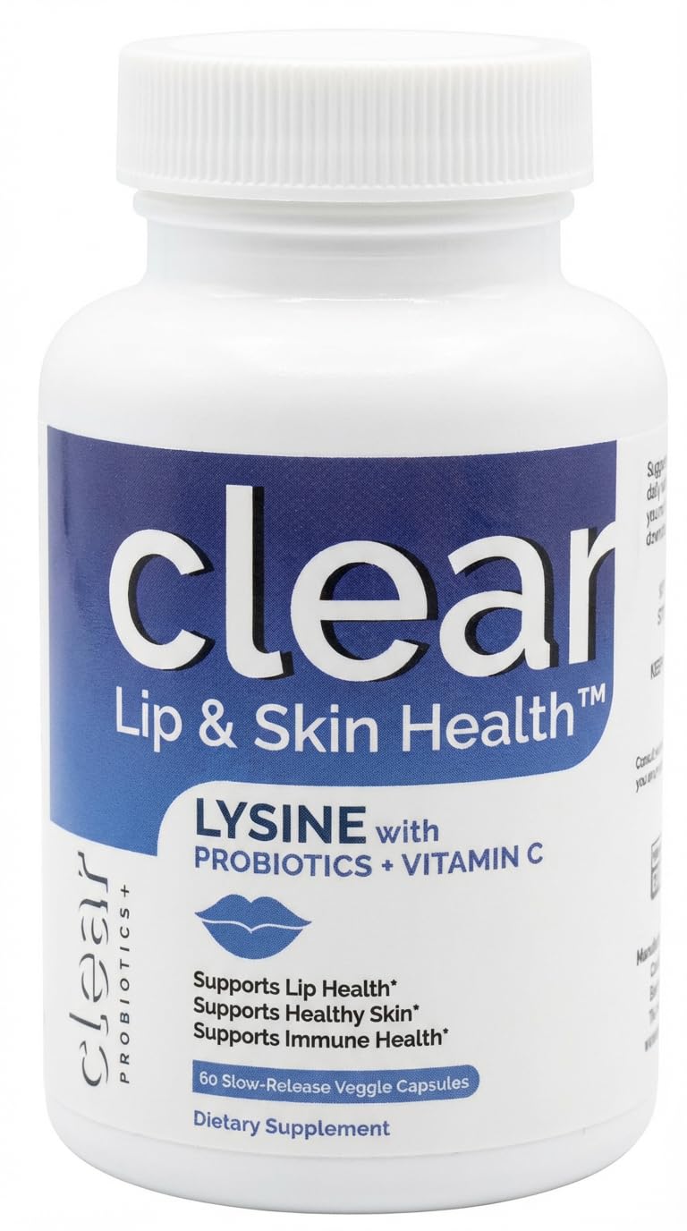 Clear Probiotics lysine cold sore bottle for daily lip support.