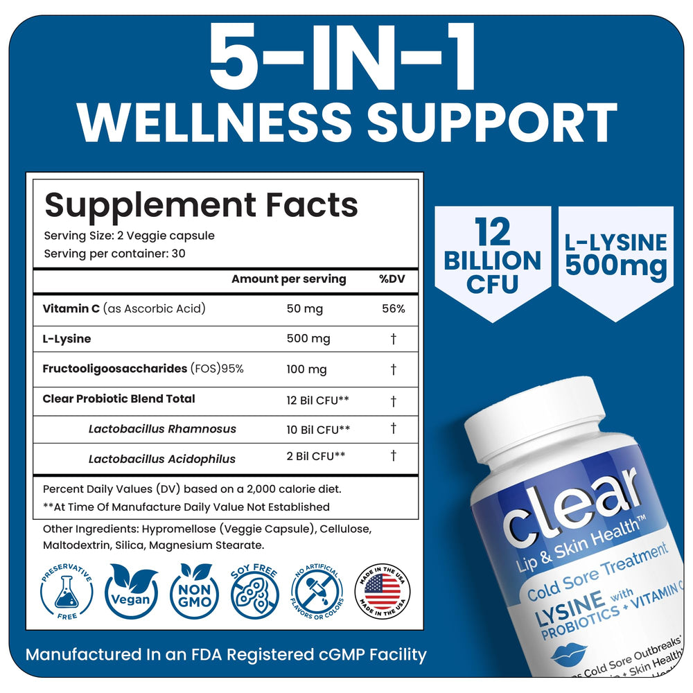 Clear Probiotics Lysine capsules beside fresh fruit for daily wellness