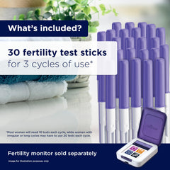 A pack of 30 sticks compatible with the monitor helps sustain testing across cycles.