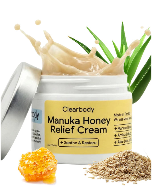 Clearbody Organics Manuka Honey Cream tube shows gentle winter hydration for dry skin