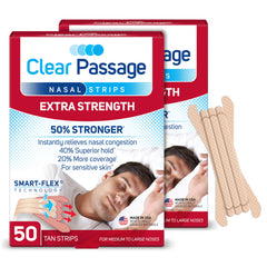 Clear Passage Extra Strength tan nasal strips packaging shown for instant opening at night