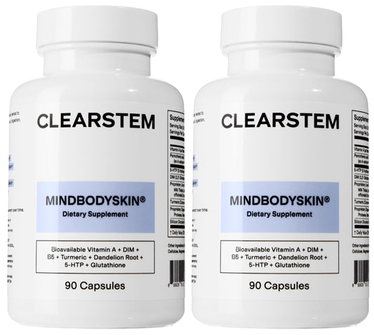 CLEARSTEM MINDBODYSKIN bottle closeup highlighting hormone balance support