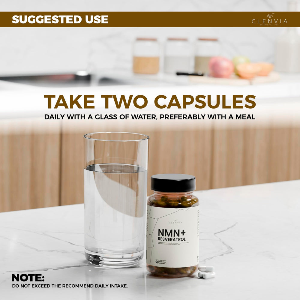 Close-up of CLENVIA vegan capsules showing NMN and Resveratrol ingredients.