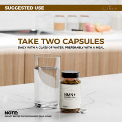 Close-up of CLENVIA vegan capsules showing NMN and Resveratrol ingredients.