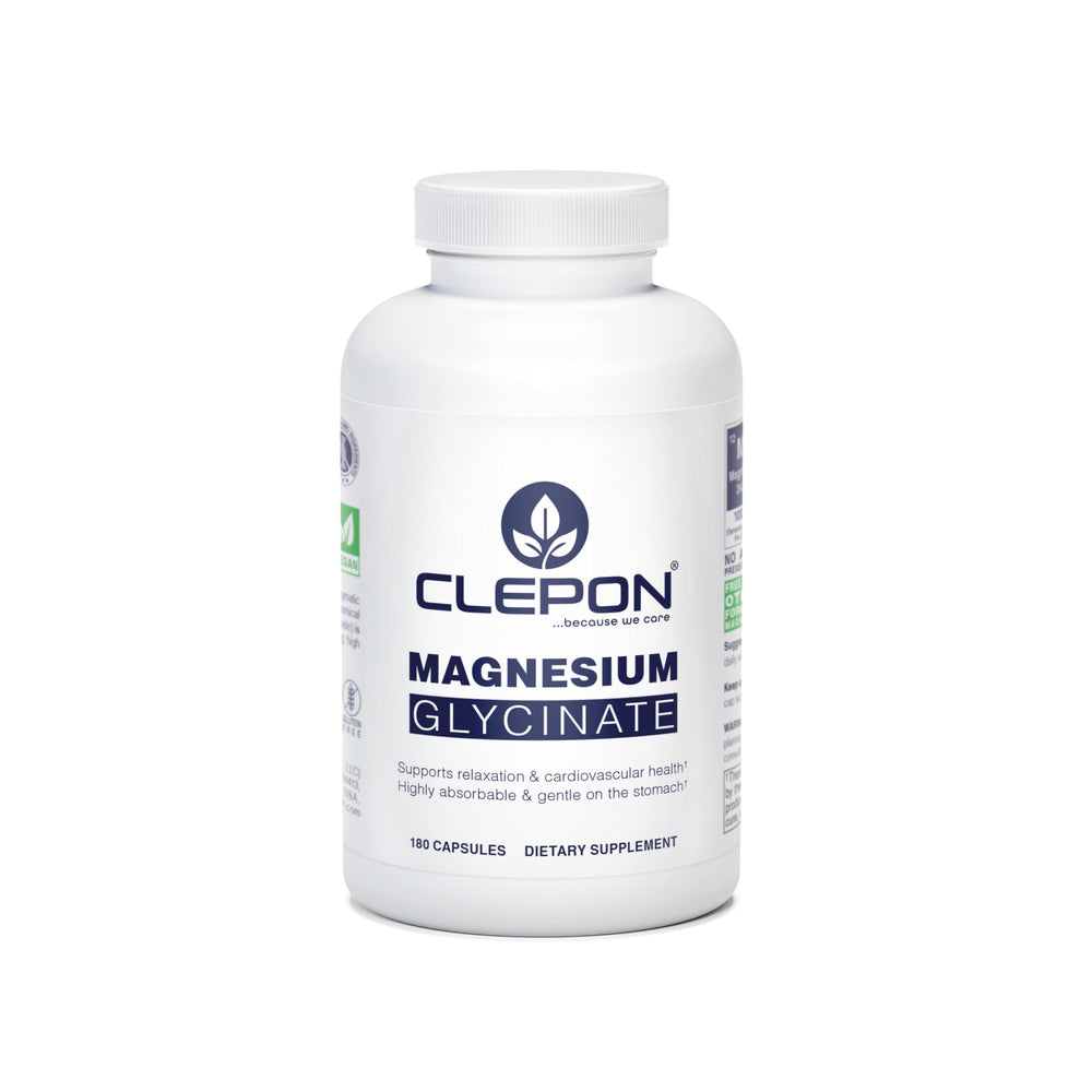 CLEPON Magnesium Glycinate bottle shown for daily relaxation support.