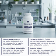 CLEPON Magnesium Glycinate daily dosage guide on packaging.