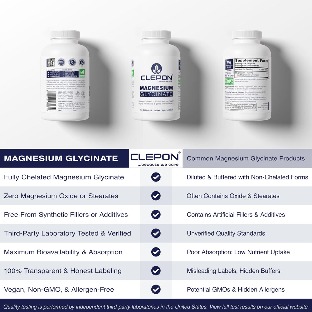 CLEPON Magnesium Glycinate nutrition label provides clear supplement facts.