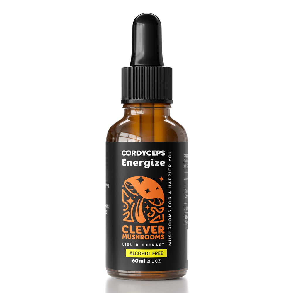 Clever Mushrooms Cordyceps tincture bottle showing fruiting body extract for natural energy support