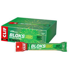 Clif Bloks Sours Green Apple packaging provides convenient energy for on-the-go athletes.