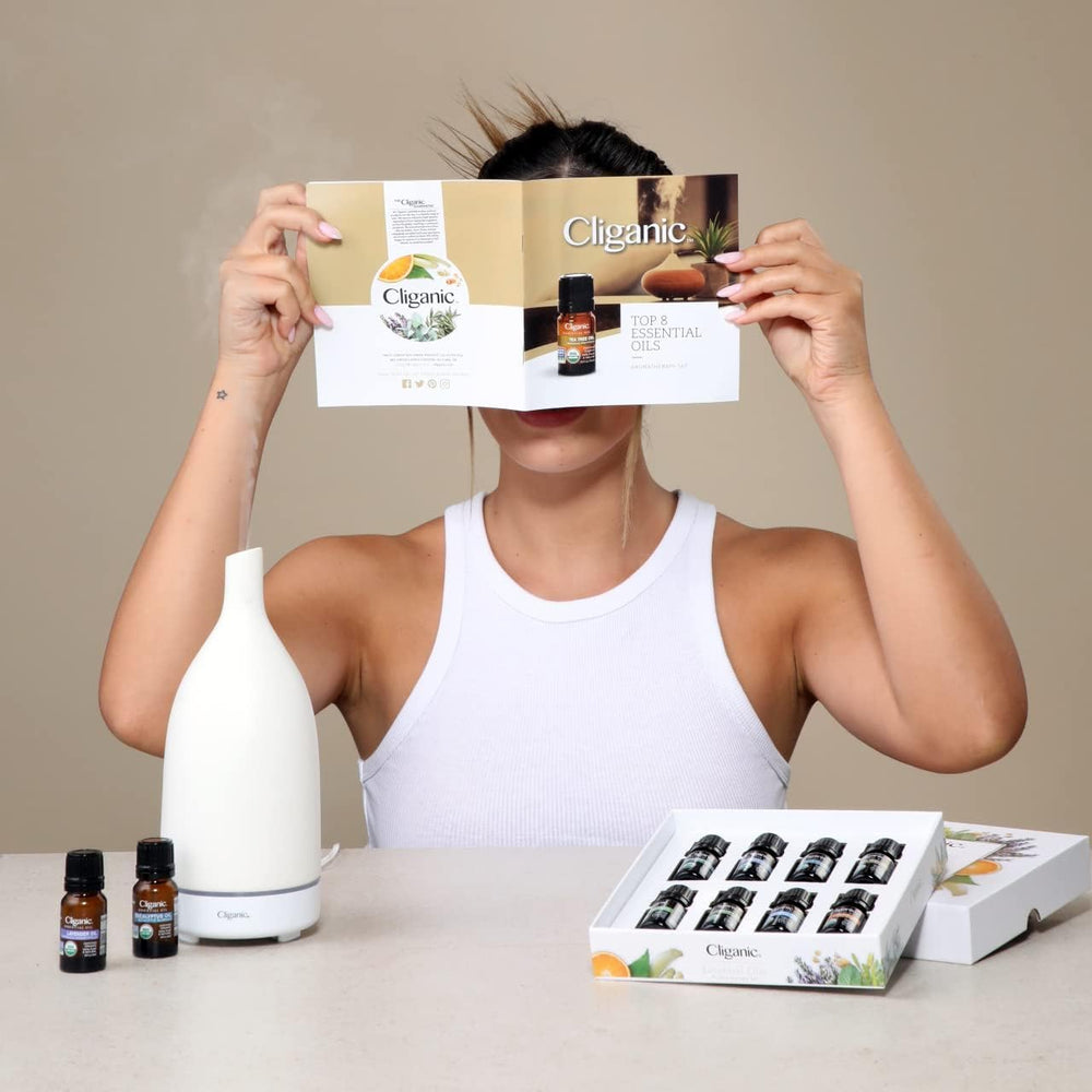 Cliganic lemongrass essential oil bottle adding citrus notes to diffusions