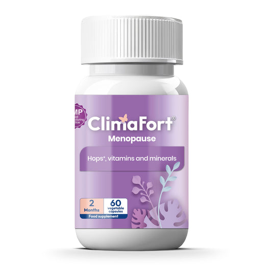 ClimaFort bottle front showing natural menopause relief formula for daily support