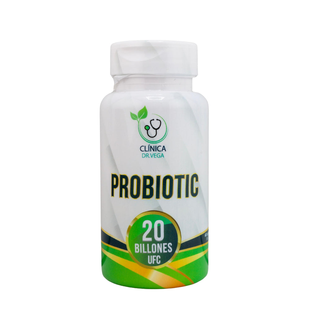 Clinica Dr Vega probiotic bottle with high-potency 20B CFU for daily balance.