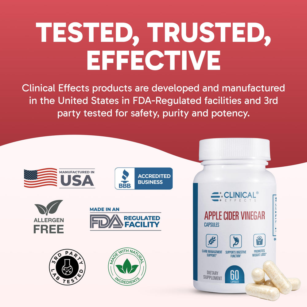 Clinical Effects ACV capsules USA-made seal reinforces trusted manufacturing.