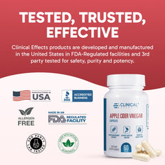 Clinical Effects ACV capsules USA-made seal reinforces trusted manufacturing.