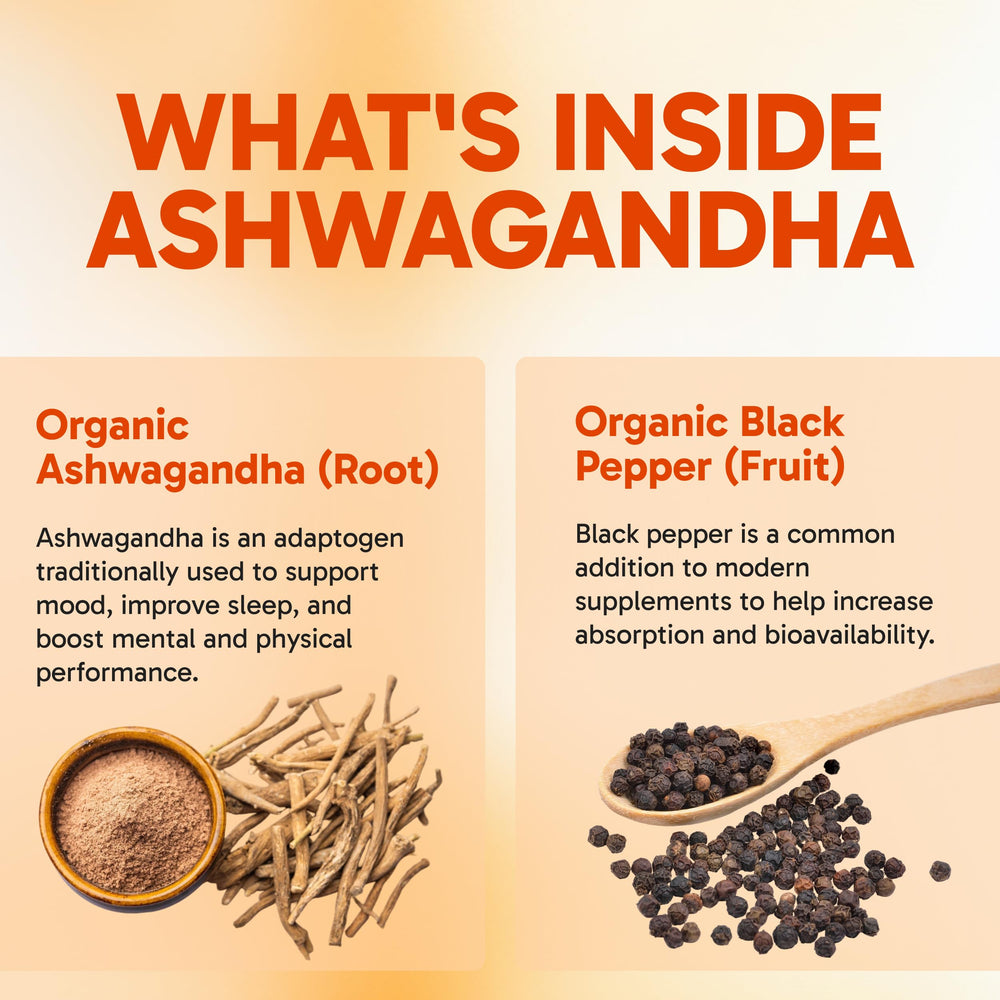 Clinical Effects Ashwagandha with black pepper ingredient label and visual focus