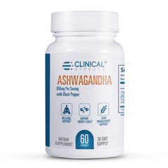 Clinical Effects Ashwagandha capsules bottle close-up highlighting fast absorption with black pepper