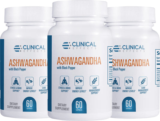 Clinical Effects Ashwagandha with Black Pepper bottle promotes calm and stamina.