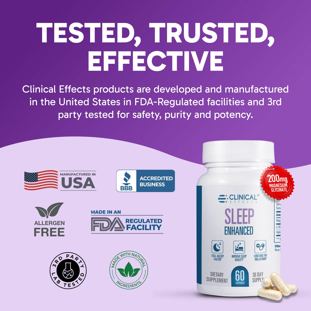Clinical Effects Sleep Enhanced capsules beside a night lamp for relaxing evenings.