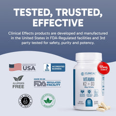 Clinical Effects Vitamin K2 + D3 packaging scene highlighting quality and safety.