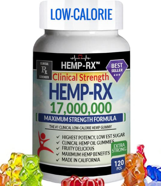 Clinical-strength gummies 120 bottle front offers low-calorie relief for pain and anxiety.