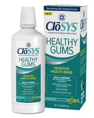 CloSYS mouthwash pour demonstrates quick rinse for fresh breath and gentle action.
