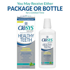 CloSYS Silver bottle on bathroom sink for nightly oral care.