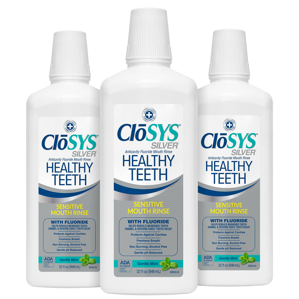 CloSYS Silver bottle pour, an alcohol-free rinse ideal for sensitive mouths and fresh breath.
