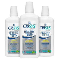 CloSYS Silver bottle pour, an alcohol-free rinse ideal for sensitive mouths and fresh breath.