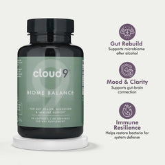 Cloud9 Biome Balance capsules close-up highlighting 20B CFU for gut support.