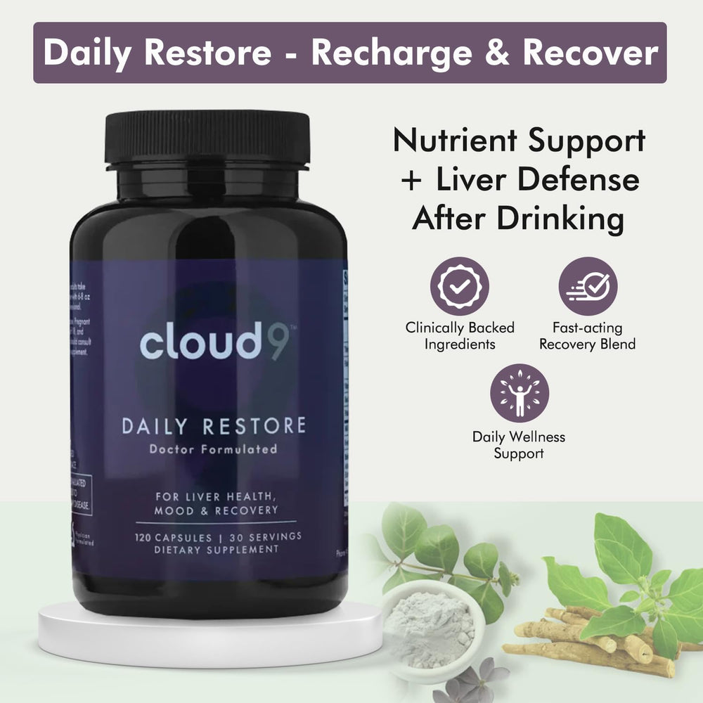 Cloud9 Daily Restore bottle with glass of water highlighting hydration-friendly use