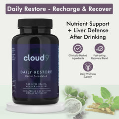 Cloud9 Daily Restore bottle with glass of water highlighting hydration-friendly use