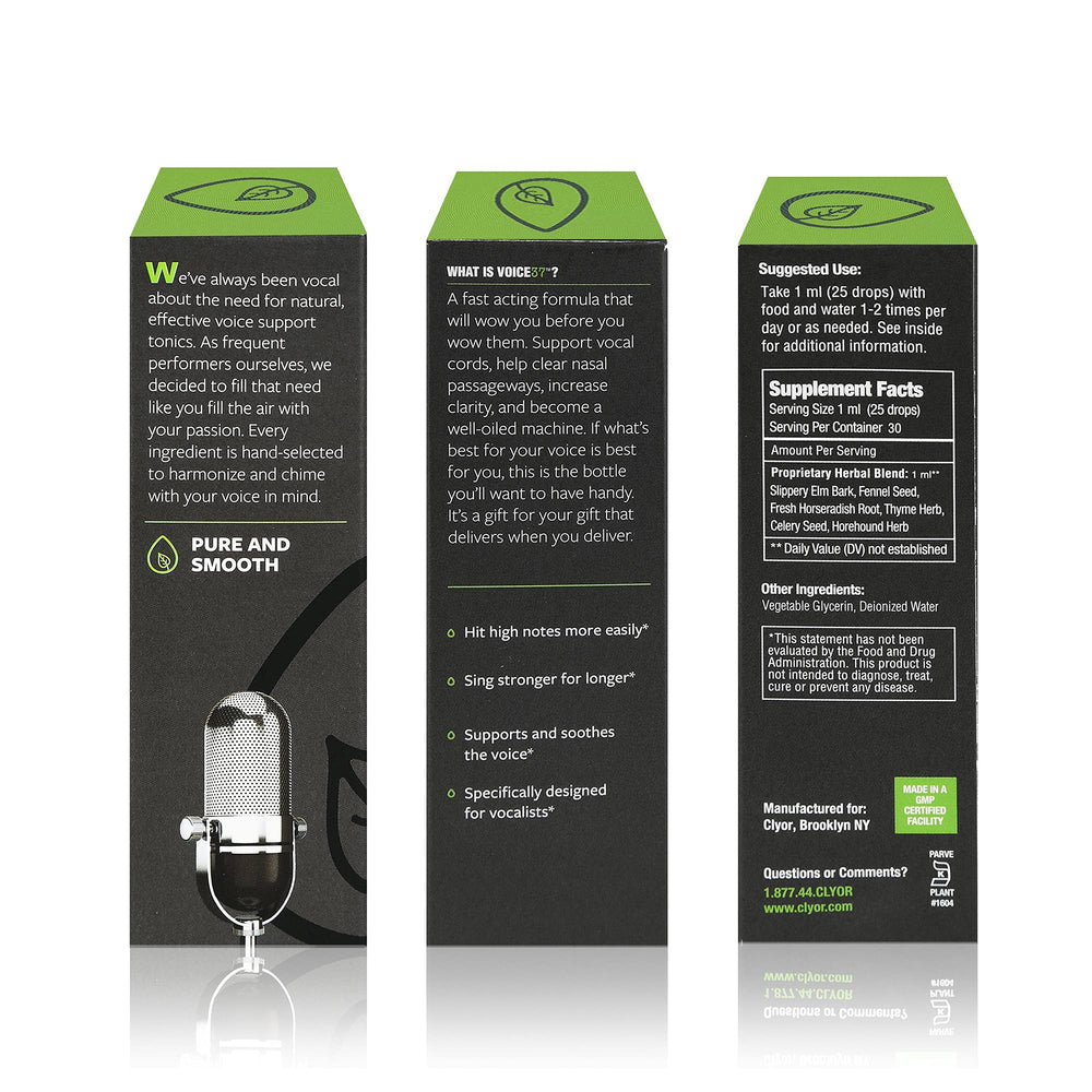 CLYOR Voice37 packaging closeup highlights all-natural ingredients.