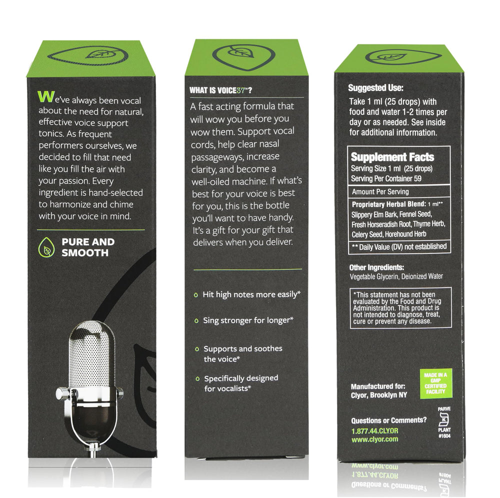 CLYOR Voice37 ingredients list, herbal blend aimed at soothing and lubricating the voice.
