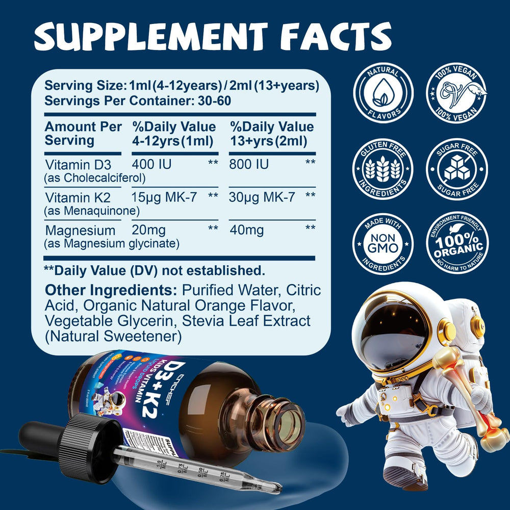 CnCHEF D3K2 kids contents bottle evokes easy daily supplementation routine.