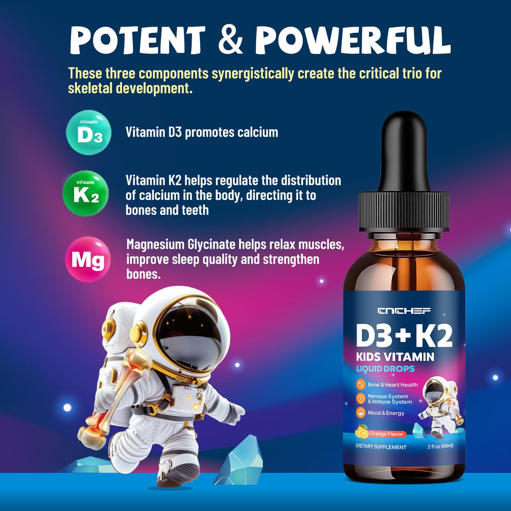 CnCHEF D3K2 kids label detail emphasizes product transparency and dosage information.