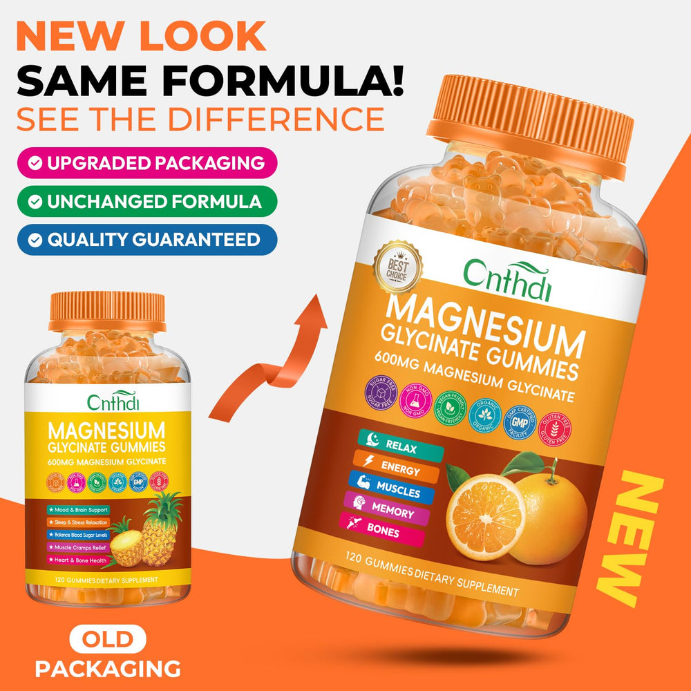 Product shot showing CNFHDI magnesium gummies and wellness ingredients.
