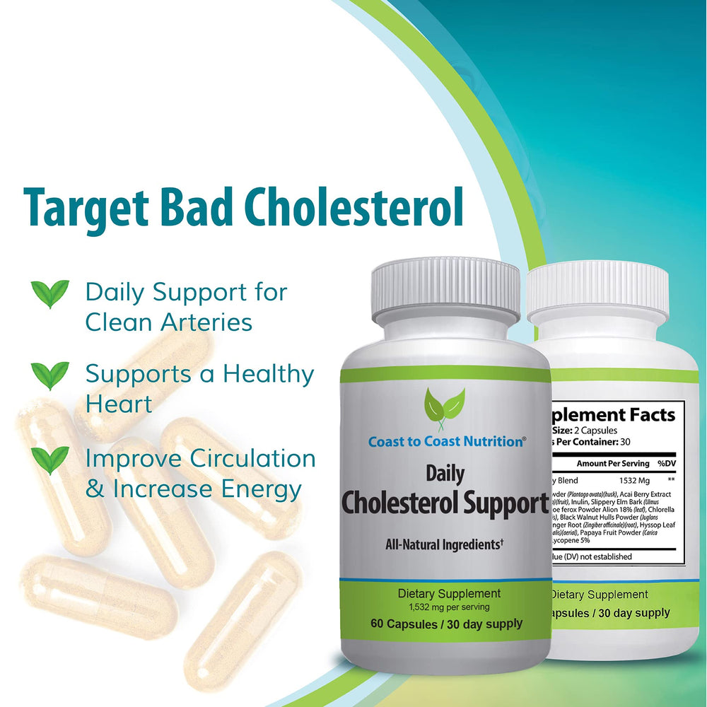 Coast to Coast Nutrition cholesterol support label emphasizes USA manufacturing and quality controls.
