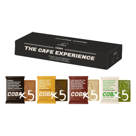 COBA caffeinated chocolate bar packaging showing portable energy on the go
