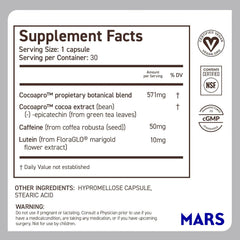 Study-ready CocoaVia capsules arranged with a notebook for concentration.