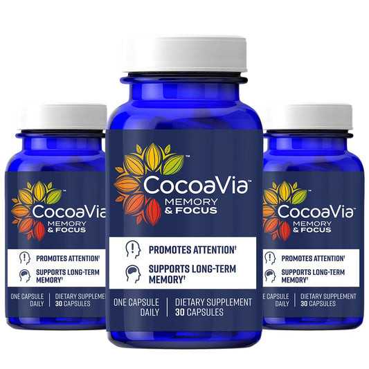 CocoaVia Memory & Focus bottle with capsules for daily cognitive support.