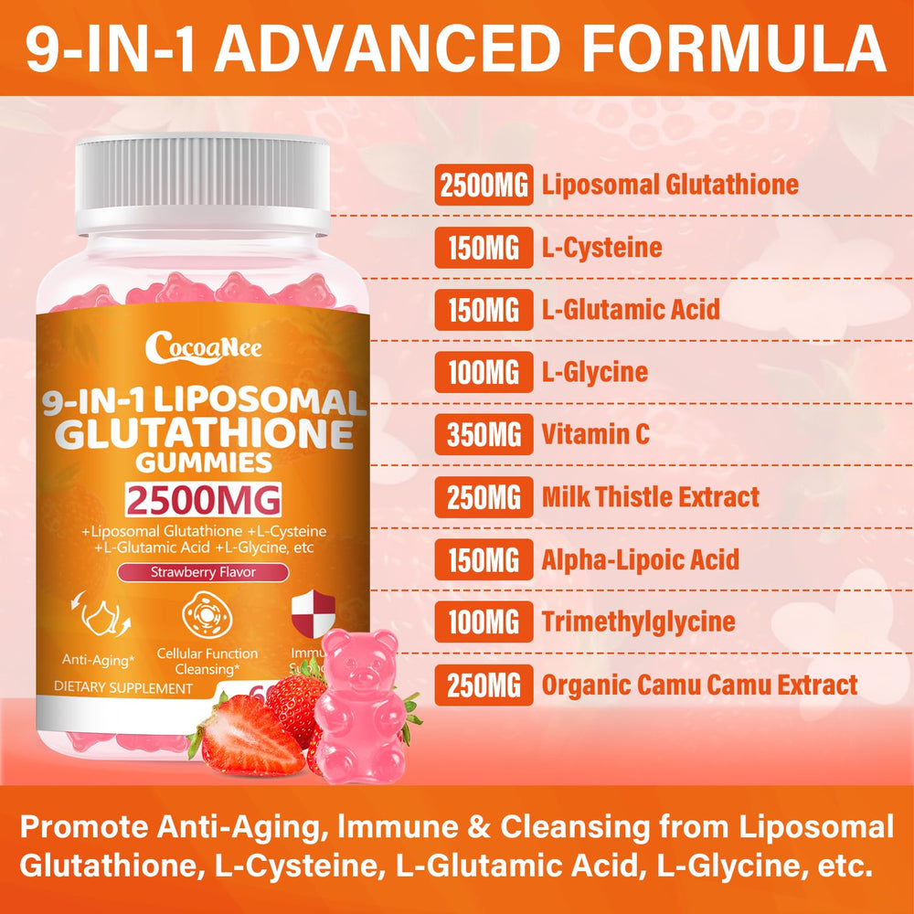 CocoaNee Glutathione Gummies closeup in strawberry flavor for daily use.