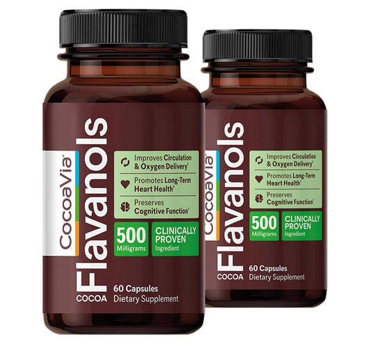 CocoaVia Cardio Health bottle shown, highlighting convenient daily capsules for heart support.